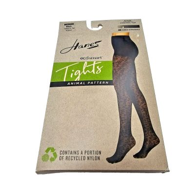 Hanes Black Sheer Animal Pattern Control Top Tights EcoSmart Nylon Size M Italy